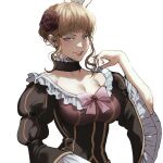  1girl beatrice_(umineko) black_choker blonde_hair blue_eyes blunt_bangs bow bowtie breasts brooch brown_dress choker cleavage collarbone colored_eyelashes commentary_request dress flower frilled_choker frilled_dress frilled_sleeves frills gem gown hair_flower hair_ornament hand_up highres jewelry korean_commentary looking_at_viewer parted_lips pink_bow pink_bowtie puffy_sleeves red_flower red_gemstone red_rose rose short_hair sidelocks simple_background smile solo umineko_no_naku_koro_ni upper_body wefightasone_1 white_background wide_sleeves 
