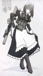  1girl absurdres apron ar-15 black_dress black_footwear blue_eyes boots brown_hair bulletproof_vest dress eotech full_body gloves grey_gloves gun highres holding holding_gun holding_weapon looking_at_viewer magazine_(weapon) maid maid_headdress medium_hair null-3 original rifle scope skirt_hold smile solo suppressor weapon white_apron 