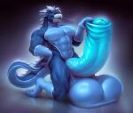 abs anthro balls big_balls big_penis blue_body blue_scales dragon erection foreskin foreskin_play foreskin_pull genitals glowing hair hi_res horn huge_balls huge_penis humanoid_genitalia humanoid_penis hyper hyper_balls hyper_genitalia hyper_penis male muscular muscular_anthro muscular_male mythological_creature mythological_scalie mythology nighdruth_(character) nude pecs penis scales scalie solo tail white_hair yumelle