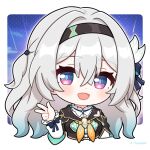  1girl :d black_hairband black_jacket blush chibi commentary_request firefly_(honkai:_star_rail) grey_hair hairband hand_up honkai:_star_rail honkai_(series) jacket jiu_fanglianhua long_hair long_sleeves looking_at_viewer neckerchief open_mouth purple_eyes shirt smile solo upper_body very_long_hair w white_shirt yellow_neckerchief 