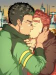  2boys akashi_(live_a_hero) bandaid bara blush cityscape closed_eyes comforting couple crying dark-skinned_male dark_skin facial_hair forced_kiss glasses glint goatee highres jacket karamaru_(karamari_11) kiss kyoichi_(live_a_hero) large_pectorals live_a_hero long_sideburns male_focus multiple_boys muscular muscular_male pectorals red_eyes red_hair scar scar_on_face scar_on_nose short_hair sideburns streaming_tears tears thick_eyebrows upper_body yaoi 