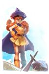  1girl alena_(dq4) belt border bow_(bhp) brown_eyes cape closed_mouth curly_hair dragon_quest dragon_quest_iv dress earrings feet_out_of_frame gloves hand_on_hip hand_up hat jewelry looking_at_viewer orange_footwear orange_gloves orange_hair planted_sword planted_weapon purple_cape purple_headwear short_dress slime_(dragon_quest) smile solo sword weapon white_border yellow_dress 