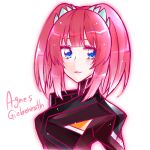  1girl agnes_giebenrath aya@tsuyuri blue_eyes blush breasts character_name gundam gundam_seed gundam_seed_freedom jacket looking_to_the_side medium_breasts medium_hair military_uniform pink_hair portrait red_jacket red_lips simple_background smile solo twintails uniform white_background 