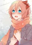  1girl bangs blush bow commentary crying crying_with_eyes_open doki_doki_literature_club english_commentary grey_jacket hair_between_eyes hair_bow hand_on_own_chest highres jacket long_sleeves looking_away open_clothes open_jacket open_mouth pink_hair pink_scarf red_bow sayori_(doki_doki_literature_club) scarf school_uniform short_hair solo tears upper_body xhunzei 