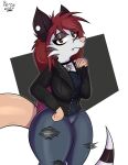 anthro breast_squish breasts clothed clothing digital_media_(artwork) female fennythefox fur hair hi_res serious_face simple_background small_breasts solo squish thick_thighs tomboy wide_hips