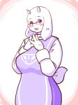 2021 big_breasts blue_eyes blush boss_monster_(undertale) breasts clothed clothing eyewear female glasses hi_res horn kin-shun looking_at_viewer open_mouth purple_clothing purple_eyes solo toriel undertale_(series)