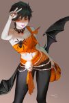  1girl :p absurdres bat_wings black_choker black_hair black_pants breasts bug choker crop_top halloween halloween_costume highres looking_at_viewer midriff orange_eyes orange_shirt ori_dal original pants red_nails shirt short_hair silk single_strap skull solo spider spider_web studded_choker tongue tongue_out wings 