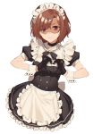 1girl 2l_(2lsize) absurdres alternate_costume apron bangs breasts brown_hair contrapposto enmaided frills hair_ornament hair_over_one_eye hairclip heart heart_hands highres higuchi_madoka huge_filesize idolmaster idolmaster_shiny_colors looking_at_viewer maid maid_headdress medium_breasts mole mole_under_eye puffy_short_sleeves puffy_sleeves purple_eyes shaded_face short_hair short_sleeves simple_background solo waist_apron white_background 