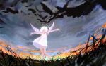  1girl angel angel_wings bare_legs bird closed_eyes cloud cloudy_sky crow dress from_below grass halo hidari_(nanmu-left) highres knees_together_feet_apart on_grass original outdoors outstretched_arms painterly short_hair sky spaghetti_strap white_dress white_hair wings 