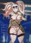  1girl absurdres airport animal_hair_ornament animal_print artist_name blonde_hair blue_eyes blush bow breasts choker clothes_lift clothing_aside collarbone cowboy_shot danganronpa_(series) danganronpa_3_(anime) dress dress_lift enoshima_junko exposing_self eyewear_on_head flashing fur_collar fur_trim grin hair_between_eyes hair_bow hair_ornament highres jacket large_breasts leopard_print leopard_print_jacket lilithcharlott long_hair long_sleeves mulitcolored_bow nipples open_mouth pubic_hair public_indecency public_nudity pussy rabbit_hair_ornament red_bow sex_toy sex_toy_in_pussy shiny_skin signature silhouette skirt skirt_lift smile solo solo_focus standing sunglasses teeth thigh_strap twintails vibrator vibrator_cord vibrator_in_thigh_strap white_bow 