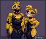 6:5 absurd_res animatronic anthro avian bird chicken clothing dress duo e4hargus eyelashes female five_nights_at_freddy&#039;s five_nights_at_freddy&#039;s_2 galliform gallus_(genus) hi_res looking_at_viewer machine phasianid purple_eyes robot scottgames sharp_teeth teeth toy_chica_(fnaf) wire withered_chica_(fnaf)