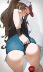  1girl ass bare_shoulders baseball_cap black_vest blue_eyes blush breasts denim denim_shorts hat high_ponytail highres hilda_(pokemon) kashu_(hizake) large_breasts long_hair looking_at_viewer looking_back poke_ball poke_ball_(basic) pokemon pokemon_bw shorts solo thighs vest wristband 