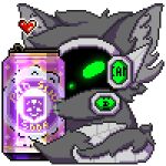 1:1 activision animated anthro beverage beverage_can biped c.a.m. call_of_duty call_of_duty:_black_ops_cold_war canid canine canis cod_zombies container cybernetics digital_drawing_(artwork) digital_media_(artwork) digitigrade embrace fluffy fluffy_tail fur glowing glowing_body glowing_eyes green_body green_eyes green_glow grey_body grey_fur grey_hair grey_tail hair heart_reaction heart_symbol holding_beverage holding_object hug hugging_object jackal likara love low_res machine male mammal military no_sound perk_a_cola phd_flopper phd_slider pixel_(artwork) pixel_animation protogen protogen_armor protogen_face protogen_visor protogenized robotic short_playtime solo special_forces tail tuft yuri_chacal