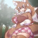  1girl animal_ears blush breasts brown_eyes brown_hair fang fur_collar highres japanese_wolf_(kemono_friends) kemono_friends kemono_friends_3 large_breasts long_hair long_sleeves looking_at_viewer mo23 multicolored_hair open_mouth shirt skirt smile solo tail thick_thighs thighhighs thighs two-tone_hair white_hair wolf_ears wolf_girl wolf_tail 