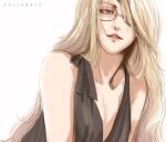  1girl artist_name black_dress blonde_hair blue_eyes commentary_request dress eyepatch flat_chest glasses hair_over_one_eye hellsing integra_hellsing long_hair parted_lips solo toshimichi_yukari upper_body wavy_hair 