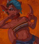  2020 5_fingers anthro blue_hair breasts clothed clothing digital_media_(artwork) dragon female fingers fivel hair horn lizard midriff navel non-mammal_breasts red_body red_skin reptile scalie smile solo 