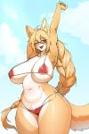 2024 anthro areola areola_slip big_breasts bikini blonde_hair braided_hair breasts camel_toe canid canine clothing crotch_tuft cursedanchovy eyebrow_through_hair eyebrows eyelashes eyewear female fur glasses glistening glistening_thighs hair hi_res huge_breasts inner_ear_fluff long_hair looking_at_viewer mammal nipple_outline one_eye_closed open_mouth open_smile raised_arm red_bikini red_clothing red_swimwear side-tie_bikini smile solo string_bikini swimwear tan_body tan_fur thick_thighs translucent translucent_hair tuft white_body white_fur wide_hips yellow_eyes