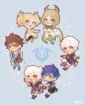  3boys 3girls :d absurdres armor artist_name black_robe blonde_hair blue_eyes blue_hair blush bright_pupils brown_eyes brown_hair chibi chrom_(child)_(fire_emblem) chrom_(fire_emblem) colored_tips commentary emmeryn_(child)_(fire_emblem) emmeryn_(fire_emblem) english_commentary fire_emblem fire_emblem_awakening fire_emblem_heroes frederick_(child)_(fire_emblem) frederick_(fire_emblem) gold_trim green_eyes halapokok highres holding holding_shield lissa_(child)_(fire_emblem) lissa_(fire_emblem) long_hair medium_hair multicolored_hair multiple_boys multiple_girls official_alternate_costume open_mouth robe robin_(female)_(child)_(fire_emblem) robin_(female)_(fire_emblem) robin_(fire_emblem) robin_(male)_(child)_(fire_emblem) robin_(male)_(fire_emblem) shield smile sparkle teeth tiara upper_teeth_only white_hair white_pupils 