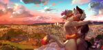 anthro anthro_on_anthro blue_sky cloud detailed_background duo eyes_closed fur grey_body grey_fur hair hi_res hug kissing male male/male multicolored_hair nude orange_body orange_fur orange_sky oselotti outside rainbow_hair revy_(revy) short_hair side_view signature sky standing white_body white_fur white_hair