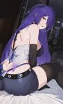  1girl absurdres acheron_(honkai:_star_rail) ass backless_outfit bare_back bare_shoulders black_gloves black_thighhighs breasts elbow_gloves gloves highres honkai:_star_rail honkai_(series) large_breasts long_hair looking_at_viewer midriff nvl parted_lips purple_eyes purple_hair sitting solo thighhighs thighs very_long_hair 