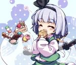  1girl black_hairband blue_background closed_eyes food ghost green_vest grey_hair hairband holding holding_food isu_(is88) konpaku_youmu konpaku_youmu_(ghost) long_sleeves shirt short_hair solo sword sword_behind_back touhou upper_body vest weapon white_shirt youmu_day 
