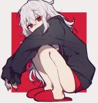  1girl absurdres aitekku arms_on_knees black_jacket border covered_mouth fingernails genderswap genderswap_(mtf) grey_border grey_hair hair_between_eyes highres jacket long_fingernails long_hair long_sleeves looking_at_viewer mole mole_under_eye nijisanji outside_border pointy_ears red_background red_eyes red_nails sandals sanya_(kuzuha) sleeves_past_wrists solo squatting 