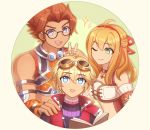  1girl 2boys :d ;) bare_shoulders blonde_hair blue_eyes book breasts enni eyebrows_visible_through_hair fiora_(xenoblade) glasses green_background green_eyes hair_between_eyes hair_ornament hand_on_another&#039;s_shoulder long_hair medium_breasts midriff multiple_boys one_eye_closed open_mouth red_hair red_vest reyn_(xenoblade) round_image shulk_(xenoblade) simple_background smile upper_body v vest white_background xenoblade_chronicles xenoblade_chronicles_(series) 