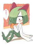  bags_under_eyes can colored_skin drink_can green_hair hair_over_one_eye highres holding holding_can horns ino_(tellu0120) kirlia multicolored_skin on_floor pink_eyes pokemon pokemon_(creature) sidelocks simple_background sitting soda soda_can sweat two-tone_skin white_skin wide-eyed 