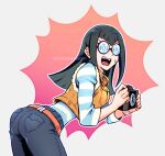  1girl ass black_hair camera carly_nagisa coke-bottle_glasses cropped_jacket glasses holding holding_camera izapara long_hair looking_at_viewer pants round_eyewear shirt solo striped_clothes striped_shirt sweatdrop teeth twitter_username upper_teeth_only wavy_mouth yu-gi-oh! yu-gi-oh!_5d&#039;s 