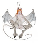  anthro bracelet breasts canid canine chiropteran cloven_hooves feathering female fetlocks frank-79 fur genitals grey_body grey_fur hair hi_res hooves horn hybrid jewelry mammal membrane_(anatomy) membranous_wings nails nipples nude orange_hair pussy sitting solo wings 