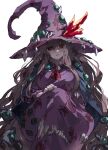  1girl black_sclera breasts colored_sclera dark_witch_eleine dress ender_lilies_quietus_of_the_knights grey_hair hat highres large_breasts long_hair looking_at_viewer parted_lips purple_dress purple_hat ramuya_(lamb) red_eyes simple_background solo very_long_hair white_background witch witch_hat 