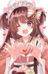  1girl :d apron bell blue_archive blurry blurry_background blurry_foreground bow brooch brown_hair commentary_request eyes_visible_through_hair frilled_apron frilled_hairband frills hair_bell hair_bow hair_ornament hair_ornament_request hairband halo harness heart heart_brooch heart_hands highres japanese_clothes jewelry jingle_bell kimono long_hair looking_at_viewer maid_headdress moe_moe_kyun! one_eye_closed open_mouth pink_bow pink_hair pink_halo pink_kimono purple_eyes shizuko_(blue_archive) smile solo tosiosito two_side_up white_apron white_hairband 