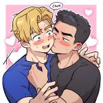  2boys ao_isami bara black_hair blonde_hair couple facial_hair heart heart_background highres kiss kissing_cheek lewis_smith male_focus multiple_boys one_eye_closed pectorals shirt_tug shy sideburns_stubble spoken_heart stubble surprise_kiss surprised thick_eyebrows upper_body wasted_m9 wide-eyed yaoi yuuki_bakuhatsu_bang_bravern 