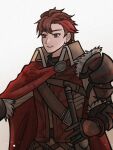  1boy armor black_armor cape collared_cloak diamant_(fire_emblem) fire_emblem fire_emblem_engage high_collar highres lirara_0 looking_to_the_side male_focus red_cape red_eyes red_hair shoulder_armor upper_body 