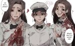  ... 1girl ? black_bow black_bowtie blood blood_from_mouth blood_on_clothes blood_on_face blood_on_hands bow bowtie breasts closed_mouth collared_shirt commentary english_commentary english_text flying-frappuccino francis_mosses genderswap genderswap_(mtf) heart long_hair long_sleeves looking_at_viewer medium_breasts milkman shirt simple_background smile solo spoken_ellipsis teeth that&#039;s_not_my_neighbor upper_teeth_only white_background white_shirt 