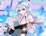  1girl acoustic_guitar balloon blue_eyes blue_hair blush braid bubble closed_mouth colored_tips commentary cropped_hoodie french_braid guitar half_updo heart_balloon high_ponytail highres holding holding_guitar holding_instrument hololive hololive_indonesia hood hoodie instrument kobo_kanaeru kobo_kanaeru_(1st_costume) long_hair long_sleeves looking_at_viewer multicolored_hair pants playing_guitar ringed_eyes smile solo sowon split_ponytail twitter_username upper_body virtual_youtuber wavy_hair white_hair white_hoodie white_pants 