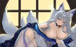  1girl animal_ear_fluff animal_ears azur_lane bare_shoulders blue_collar blue_kimono breasts cleavage collar commentary fox_ears fox_girl fox_tail gold_trim grey_hair highres indoors japanese_clothes kenkenkenjaa kimono kitsune kyuubi large_breasts large_tail long_hair long_sleeves looking_at_viewer lying miniskirt multiple_tails on_side pleated_skirt pulled_by_self purple_eyes shinano_(azur_lane) skirt solo tail thighhighs very_long_hair white_skirt white_tail white_thighhighs wide_sleeves zettai_ryouiki 