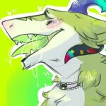 blush bodily_fluids colar fur heart_symbol horn lex_vasili looking_pleasured low_res open_mouth saliva sergal sharp_teeth solo teeth tongue tongue_out unknown_artist