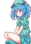  1girl blue_eyes blue_hair blush clip_studio_paint_(medium) closed_mouth collared_shirt commentary_request crossed_legs flat_cap green_hat green_shirt hair_bobbles hair_ornament hat highres kawashiro_nitori long_hair looking_at_viewer mukkushi pocket puffy_short_sleeves puffy_sleeves shirt short_sleeves simple_background sitting solo sweatdrop textless_version touhou white_shirt 