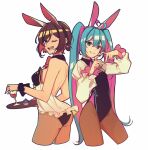  2girls :d ahoge animal_ears aqua_eyes aqua_hair backless_outfit brown_hair colored_inner_hair commentary fake_animal_ears grin hatsune_miku heart heart_ahoge heart_hands highres long_hair looking_at_viewer meiko_(vocaloid) multicolored_hair multiple_girls one_eye_closed pantyhose pink_hair playboy_bunny rabbit_ears red_eyes red_hair short_hair smile symbol-only_commentary twintails very_long_hair vocaloid wrist_cuffs yen-mi 