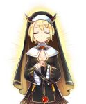  1girl alice_(master_of_eternity) black_dress blonde_hair breasts cleavage cleavage_cutout closed_eyes closed_mouth clothing_cutout cowboy_shot dot_nose dress game_cg gem glowing habit hat_ornament long_sleeves master_of_eternity medium_breasts non-web_source nun official_art own_hands_clasped own_hands_together red_brooch red_gemstone short_dress short_hair simple_background solo straight-on transparent_background 