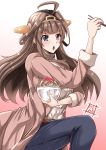  1girl absurdres ahoge artist_logo bowl brown_background brown_coat brown_hair chopsticks coat commentary_request cowboy_shot denim double_bun food gradient gradient_background gyuudon headgear highres jeans kantai_collection kentan_(kingtaiki) kongou_(kantai_collection) long_hair looking_at_viewer official_alternate_costume pants pose solo white_background 