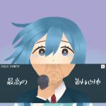  1boy 1girl ad anata_ni_aitakute_ato_cm_ga_oosugite_(vocaloid) aoki_lapis astr0n0tes bandaid bandaid_on_cheek bandaid_on_face beard_stubble blue_hair closed_mouth commentary_request electric_razor facial_hair floating_hair frown gradient_background hair_between_eyes high_collar highres holding_razor looking_at_viewer necktie portrait purple_background red_necktie romaji_text shaving shirt simple_background sleeveless sleeveless_shirt straight-on stubble suit tearing_up translation_request vocaloid window_(computing) wrinkled_skin 
