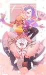  1boy 2girls big_man_(splatoon) blonde_hair blue_hair bright_pupils cephalopod_eyes chest_sarashi closed_mouth colored_eyelashes commentary_request dango dark-skinned_female dark_skin earrings eyelashes falling_petals fangs folding_fan food frye_(splatoon) gradient_hair hair_over_one_eye hand_fan highres holding holding_fan holding_stick inkling jakujaku444 jewelry long_hair long_pointy_ears multicolored_hair multiple_earrings multiple_girls octoling one_eye_closed open_mouth orange_eyes petals pointy_ears purple_hair red_eyes sarashi shiver_(splatoon) smile splatoon_(series) splatoon_3 star-shaped_pupils star_(symbol) stick symbol-shaped_pupils tentacle_hair thick_eyebrows tooth_earrings two-tone_hair wagashi white_background white_pupils 