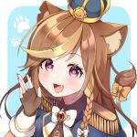  1girl :3 :d animal_ear_fluff animal_ears animal_print armor bangs black_gloves bow braid brown_hair crown eyebrows_visible_through_hair fang fingerless_gloves fingernails gloves hazumi_aileen highres indie_virtual_youtuber jewelry light_blue_background long_hair looking_at_viewer mixed-language_commentary multicolored multicolored_eyes multicolored_hair open_hand open_mouth pauldrons paw_print purple_eyes red_nails shoulder_armor smile solo sorata_reon swept_bangs tail tail_bow two-tone_hair virtual_youtuber yellow_bow 