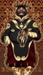 african anthro armor aura beard clothed clothing deity ericphoria facial_hair fully_clothed gold_blood gold_clothing gold_nails gold_tattoo hi_res looking_at_viewer looking_down looking_down_at_viewer male mustache name powerful slightly_chubby smile smiling_at_viewer solo text titel