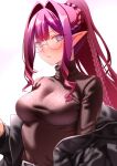  1girl baobhan_sith_(fate) baobhan_sith_(swimsuit_pretender)_(fate) baobhan_sith_(swimsuit_pretender)_(second_ascension)_(fate) belt blush braid breasts engo_(aquawatery) fate/grand_order fate_(series) glasses highres large_breasts long_hair looking_at_viewer pink_hair pointy_ears ponytail round_eyewear shirt simple_background solo sweater turtleneck turtleneck_sweater white_background 