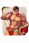  1boy abs belt boxers brown_eyes brown_hair carrying_over_shoulder censored choker coat condom cum cumdrip erection fangs fur-trimmed_coat fur_trim highres holding holding_condom large_pectorals large_penis leaning_back looking_at_viewer male_focus male_underwear merry_christmas mosaic_censoring muscular muscular_male nipples original parted_lips pectorals penis penis_peek raised_eyebrow red_belt red_choker santa_costume shian948076 short_hair simple_background smile solo standing swept_bangs teeth thick_eyebrows undercut underwear upper_body used_condom very_short_hair white_belt 