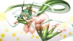  1girl ass bare_shoulders blush breasts bridal_gauntlets cleavage dragon dragon_girl dragon_horns dragon_tail feet flower full_body green_eyes green_hair hair_between_eyes hair_ornament hanging_breasts highres horn_ornament horns huge_breasts jewelry long_hair monster_girl nipples nude original pointy_ears ponytail qingmingtongzi scales smile solo stirrup_legwear tail thighhighs toeless_legwear very_long_hair 