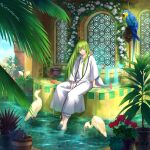  1other bird day enkidu_(fate) fate/grand_order fate_(series) fish flower fountain green_hair heron highres konji_(yomn) lily_(flower) long_hair parrot plant potted_plant robe sitting soaking_feet water white_robe window 